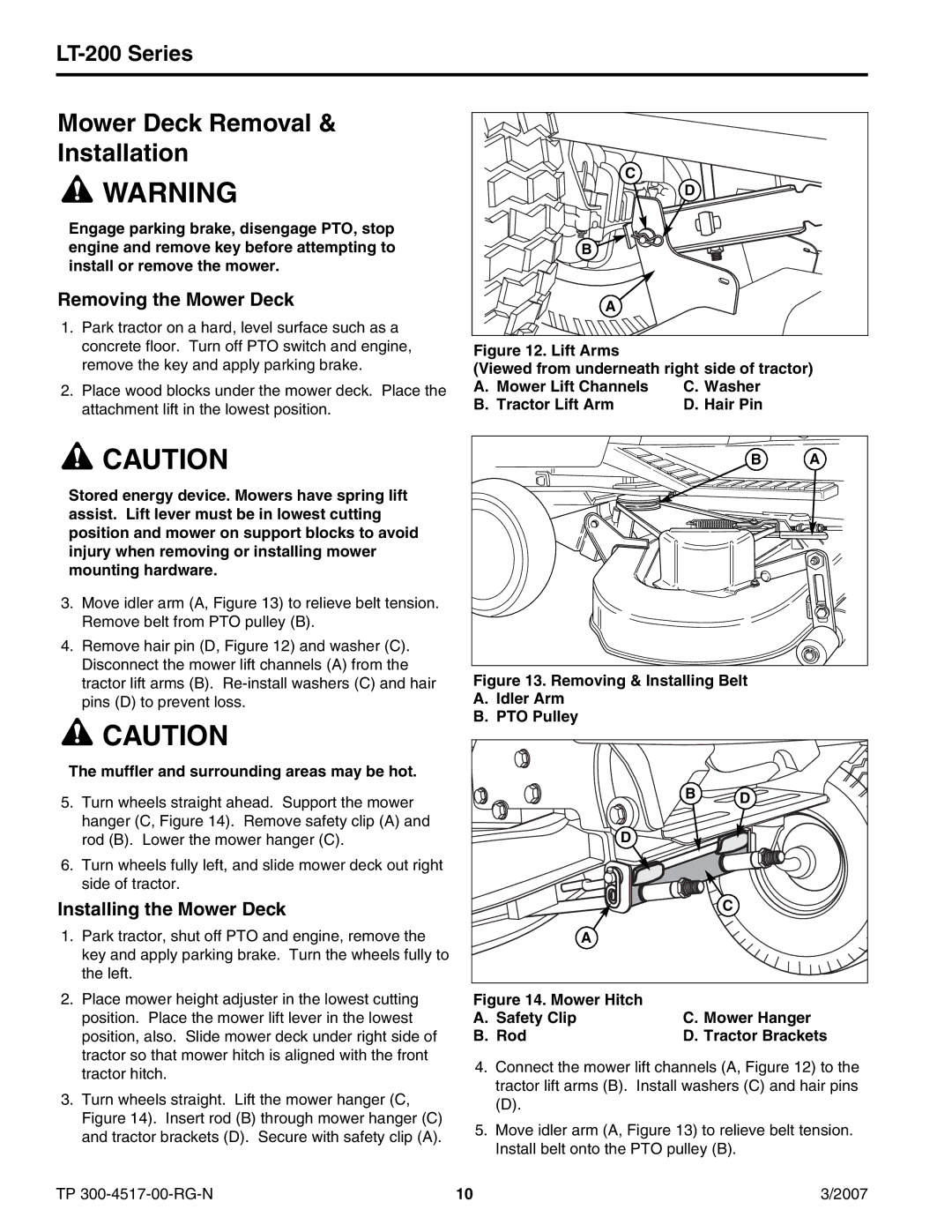 Briggs & Stratton LT-200 manual Mower Deck Removal Installation, Removing the Mower Deck, Installing the Mower Deck 