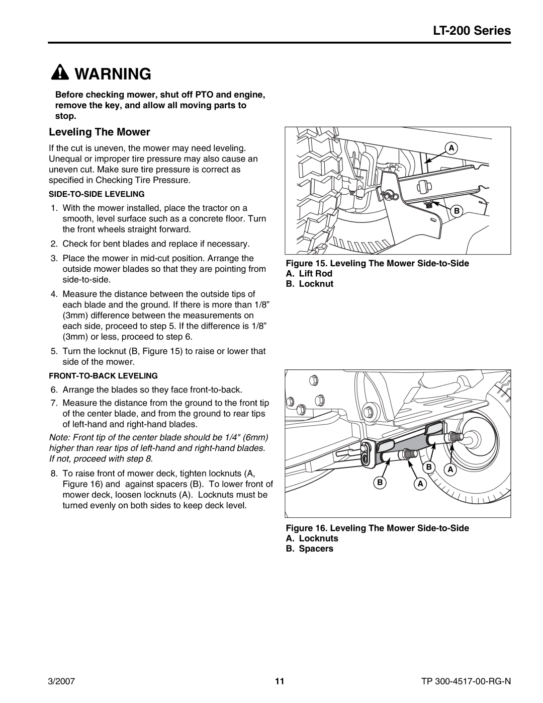 Briggs & Stratton LT-200 manual Leveling The Mower Side-to-Side Lift Rod Locknut 