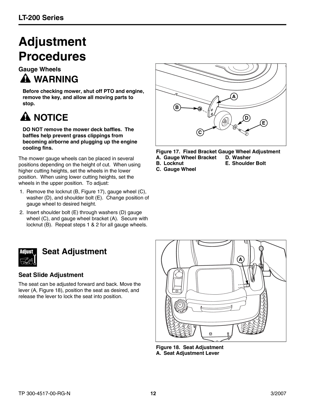 Briggs & Stratton LT-200 manual Seat Adjustment, Gauge Wheels, Seat Slide Adjustment 