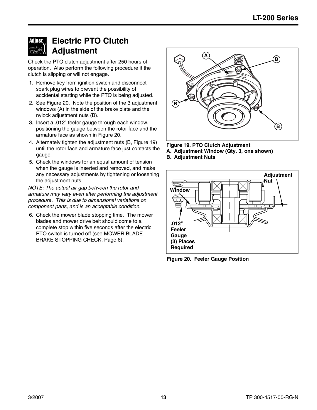 Briggs & Stratton LT-200 manual Electric PTO Clutch Adjustment, Feeler Gauge Position 