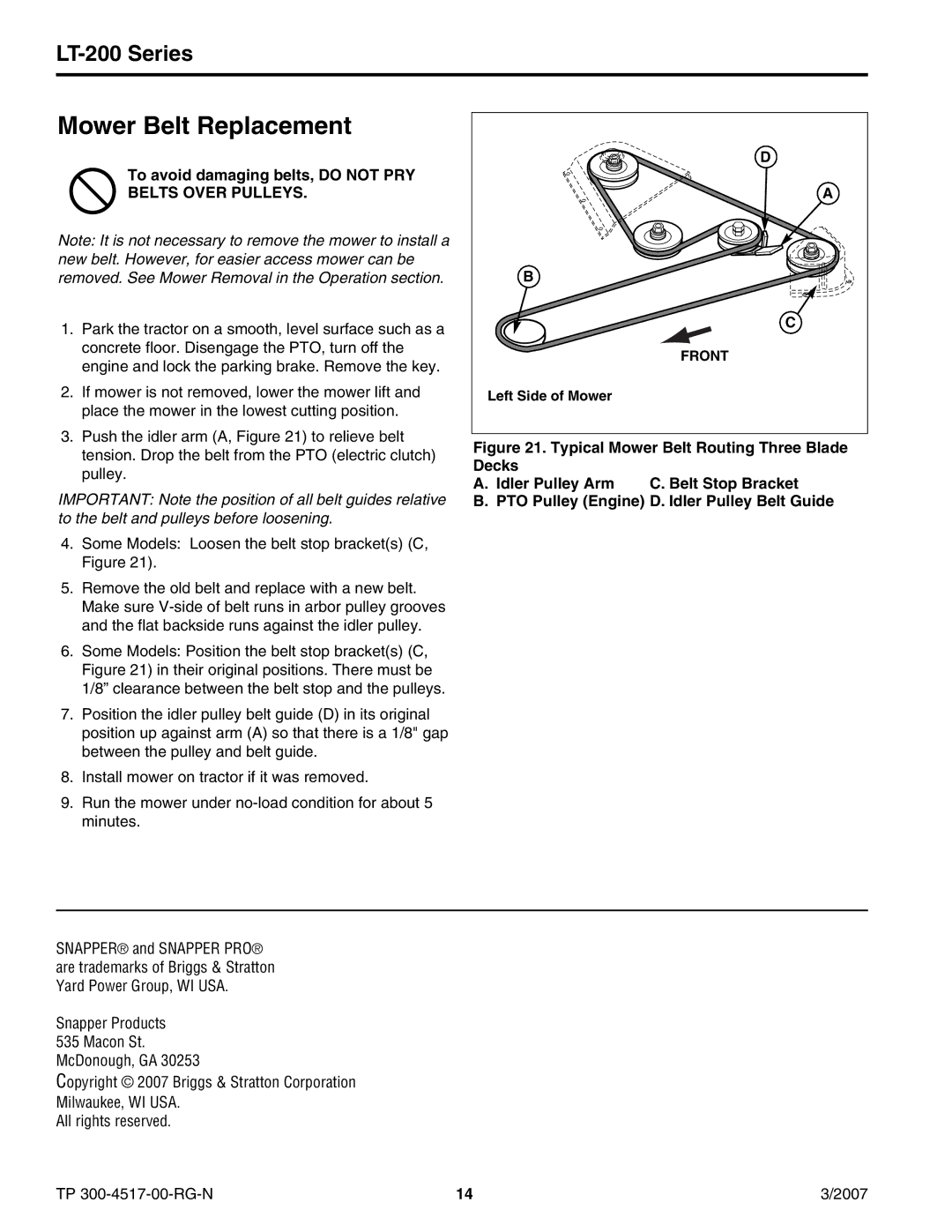 Briggs & Stratton LT-200 manual Mower Belt Replacement, Belts Over Pulleys 