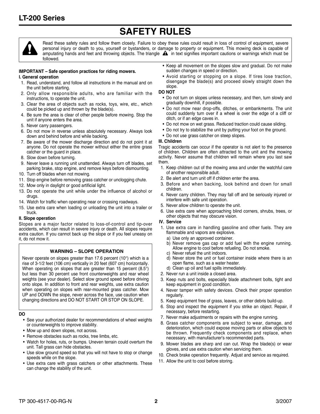 Briggs & Stratton LT-200 manual Safety Rules 