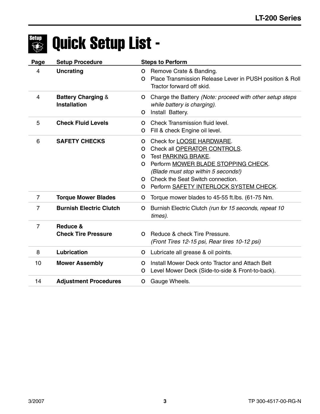 Briggs & Stratton LT-200 manual Quick Setup List 