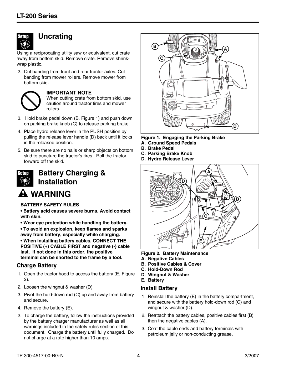 Briggs & Stratton LT-200 Uncrating, Battery Charging Installation, Charge Battery, Install Battery, Battery Safety Rules 