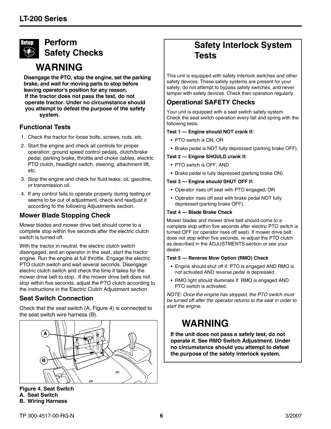 Briggs & Stratton LT-200 manual Perform Safety Checks, Safety Interlock System Tests 