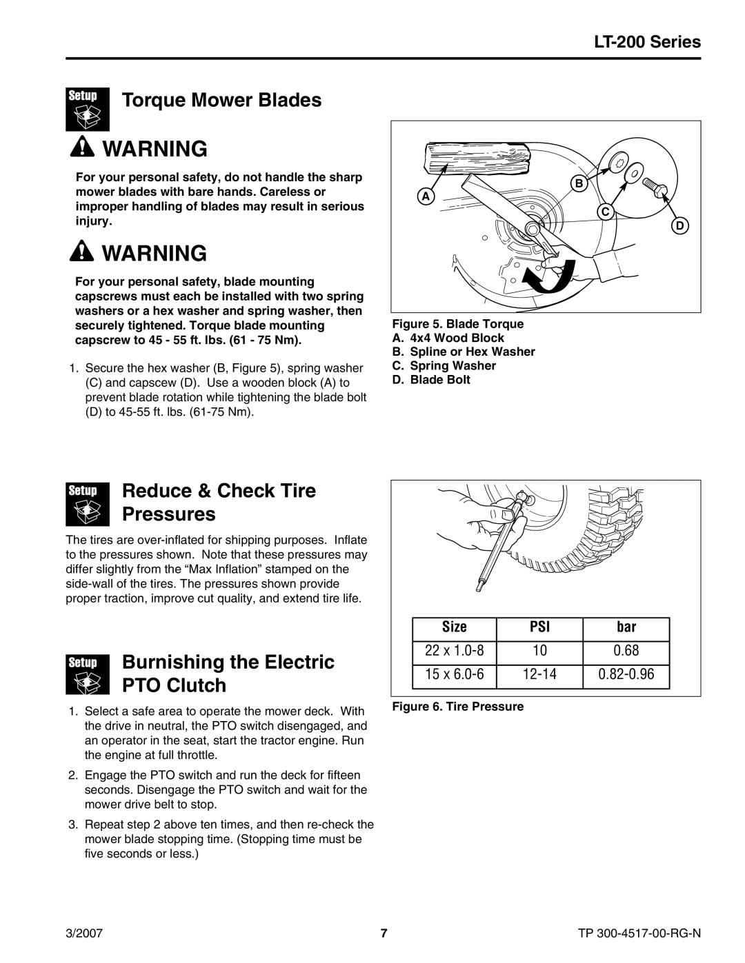 Briggs & Stratton LT-200 Torque Mower Blades, Reduce & Check Tire Pressures, Burnishing the Electric PTO Clutch, Size, Bar 
