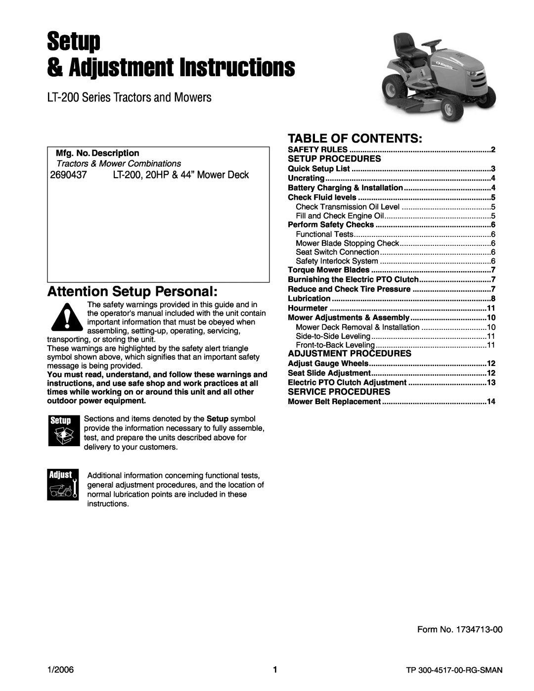 Briggs & Stratton manual Attention Setup Personal, LT-200 Series Tractors and Mowers, Table Of Contents, Safety Rules 