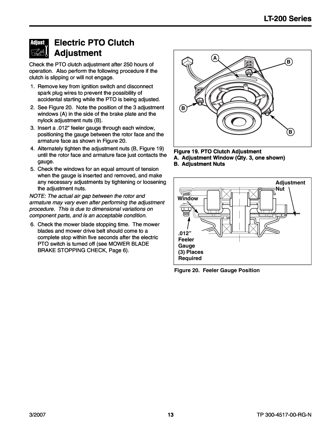 Briggs & Stratton manual Electric PTO Clutch Adjustment, LT-200 Series 