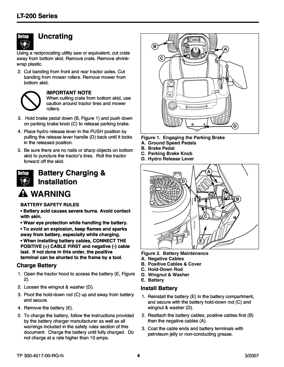 Briggs & Stratton manual Uncrating, Battery Charging Installation, Charge Battery, Install Battery, LT-200 Series 