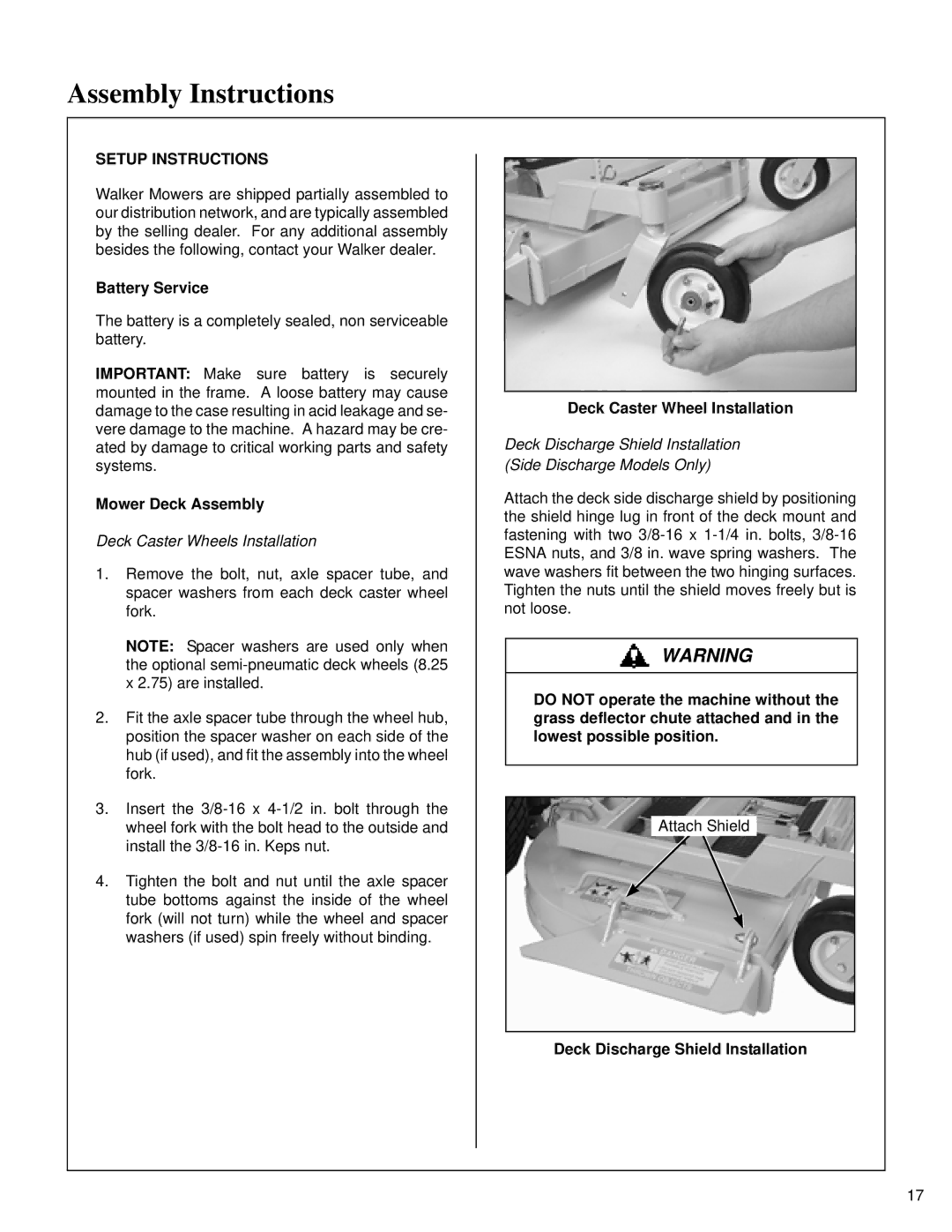 Briggs & Stratton MB (18 HP) Assembly Instructions, Setup Instructions, Battery Service, Deck Caster Wheel Installation 