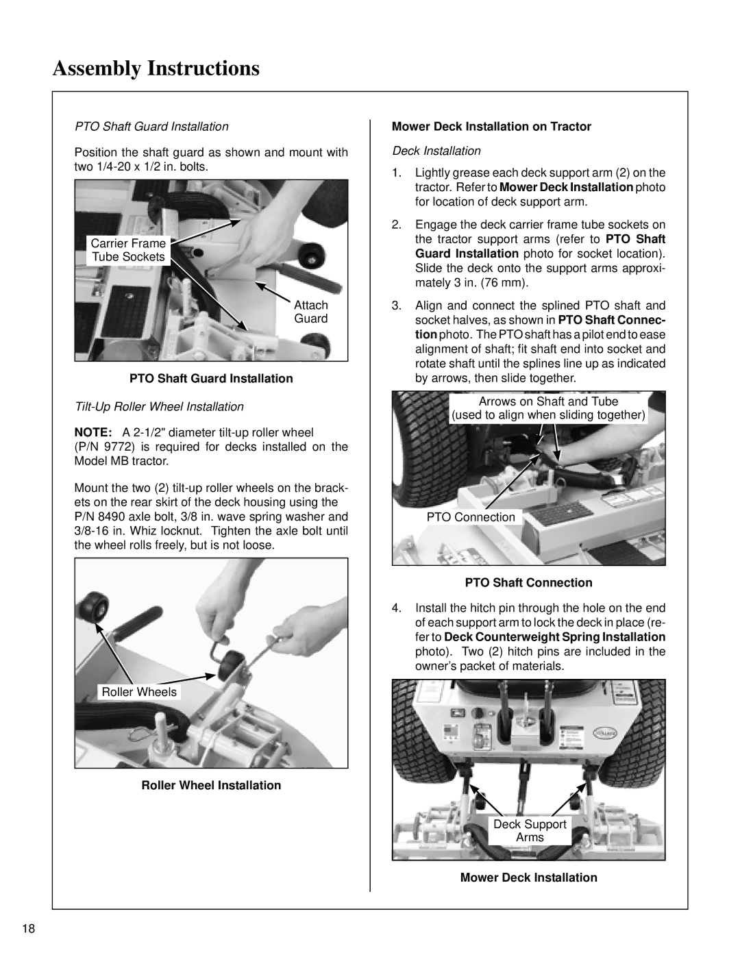 Briggs & Stratton MB (18 HP) owner manual PTO Shaft Guard Installation, Deck Installation, PTO Shaft Connection 