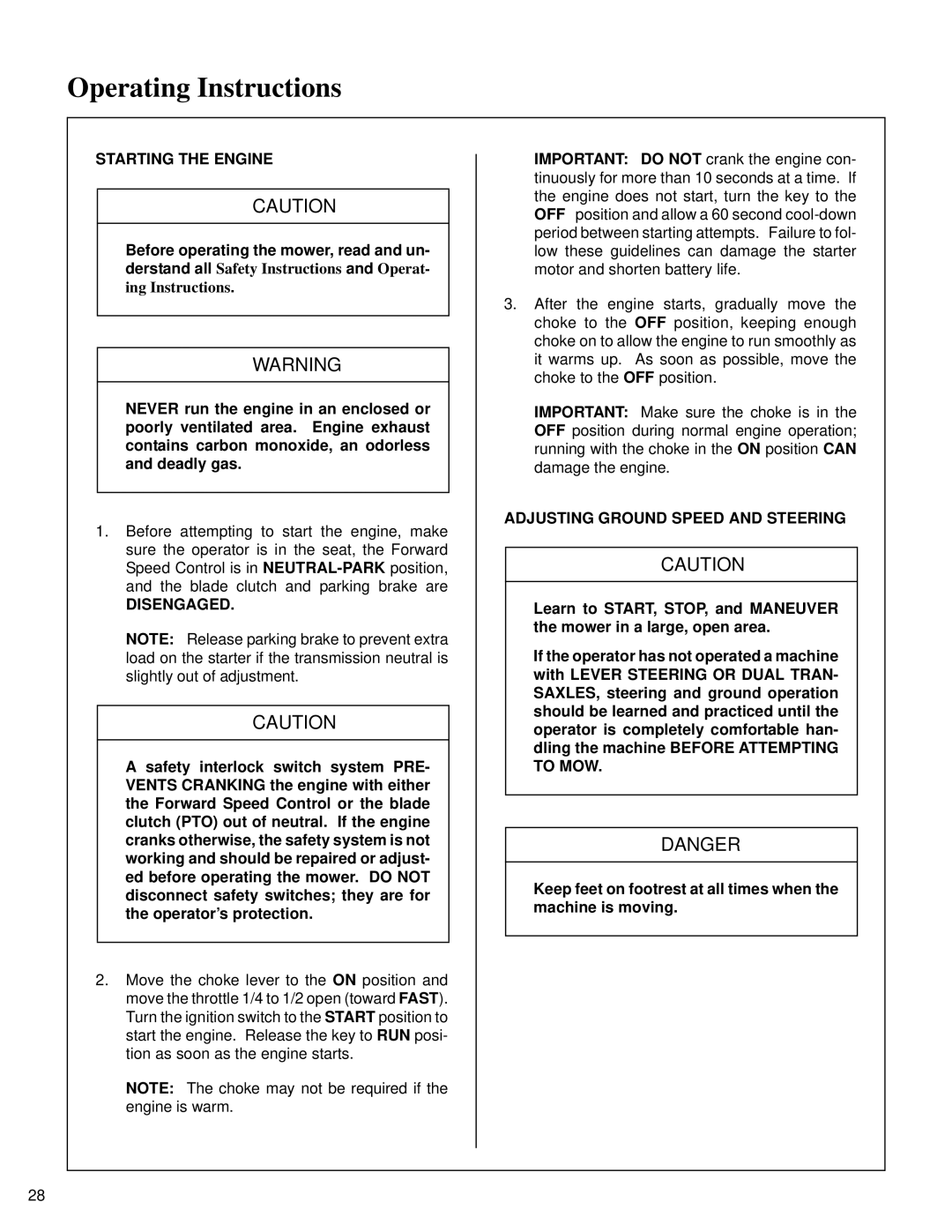 Briggs & Stratton MB (18 HP) owner manual Starting the Engine, Disengaged, Adjusting Ground Speed and Steering 