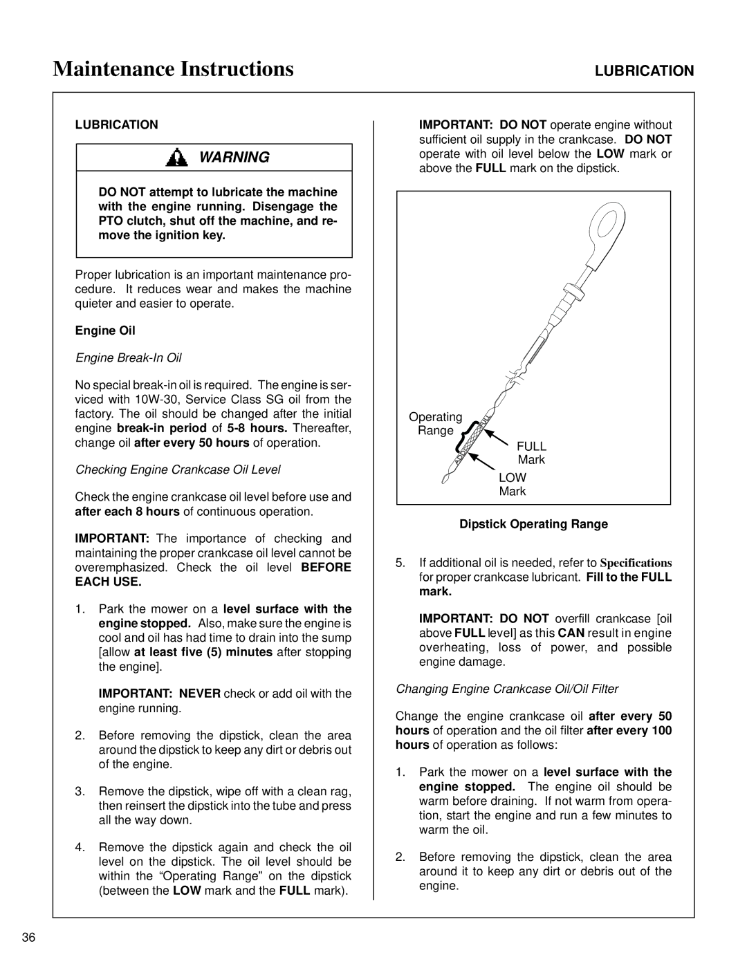 Briggs & Stratton MB (18 HP) owner manual Lubrication, Engine Oil, Each USE, Dipstick Operating Range 