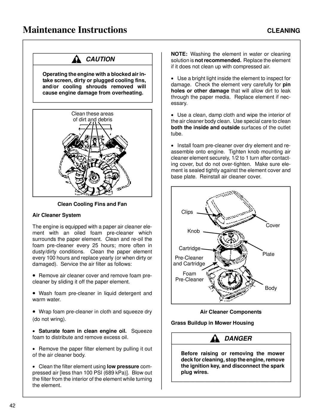 Briggs & Stratton MB (18 HP) owner manual Cleaning, Clean Cooling Fins and Fan Air Cleaner System 