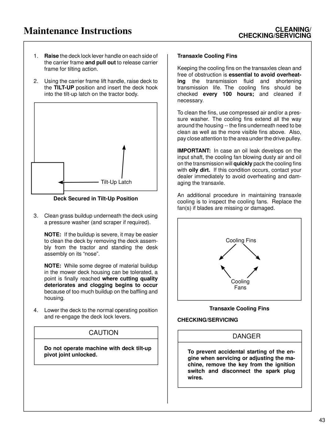 Briggs & Stratton MB (18 HP) owner manual Deck Secured in Tilt-Up Position, Checking/Servicing 