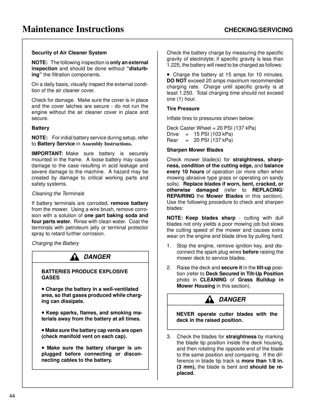 Briggs & Stratton MB (18 HP) owner manual Battery, Cleaning the Terminals, Batteries Produce Explosive Gases, Tire Pressure 