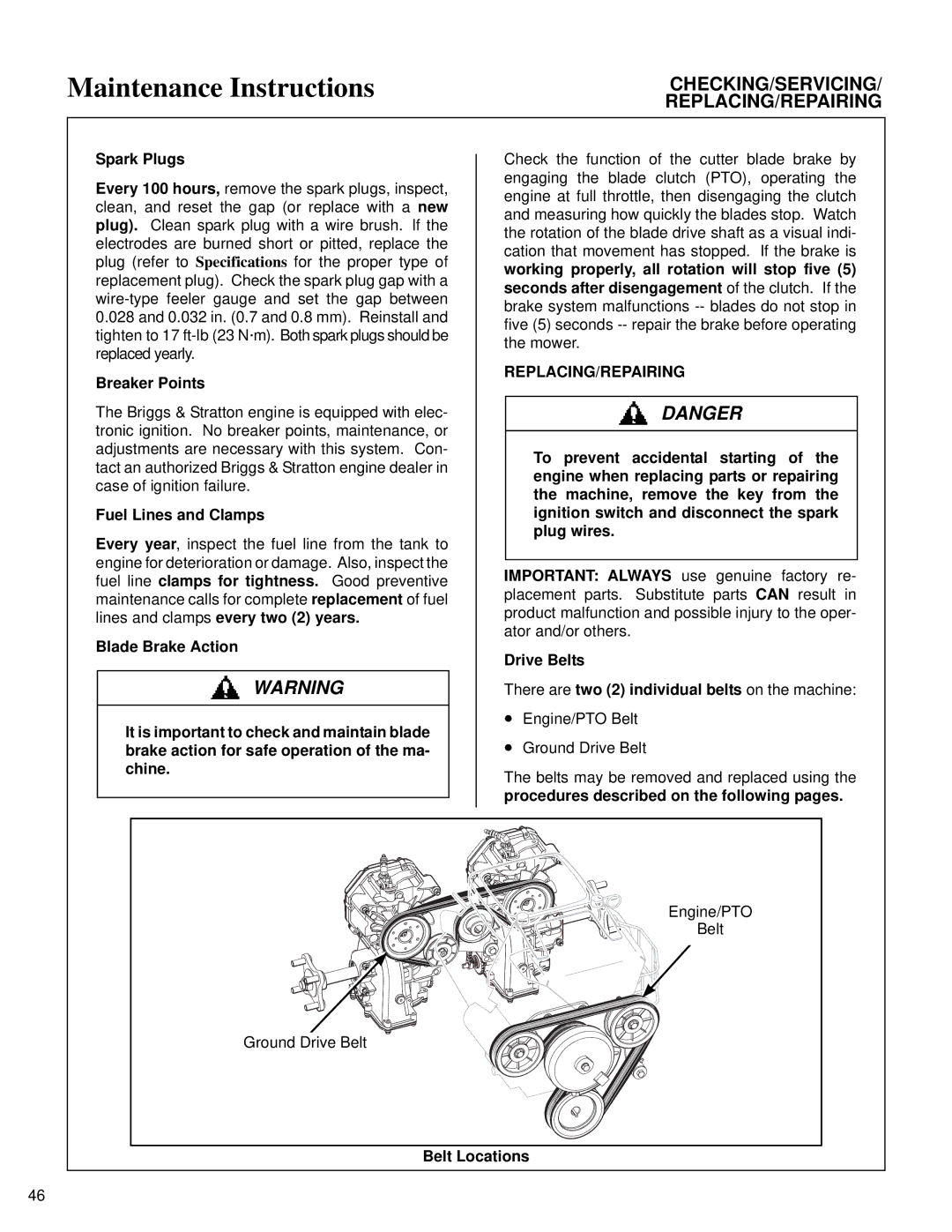 Briggs & Stratton MB (18 HP) owner manual Spark Plugs, Breaker Points, Replacing/Repairing, Belt Locations 