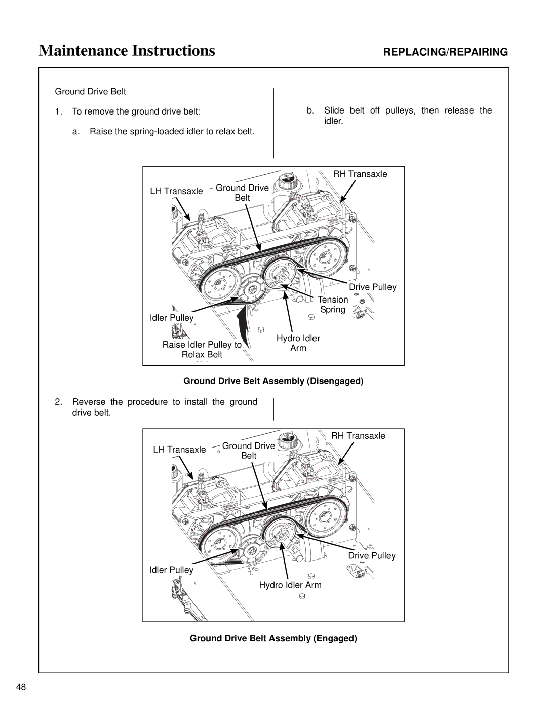 Briggs & Stratton MB (18 HP) owner manual Ground Drive Belt Assembly Disengaged, Ground Drive Belt Assembly Engaged 