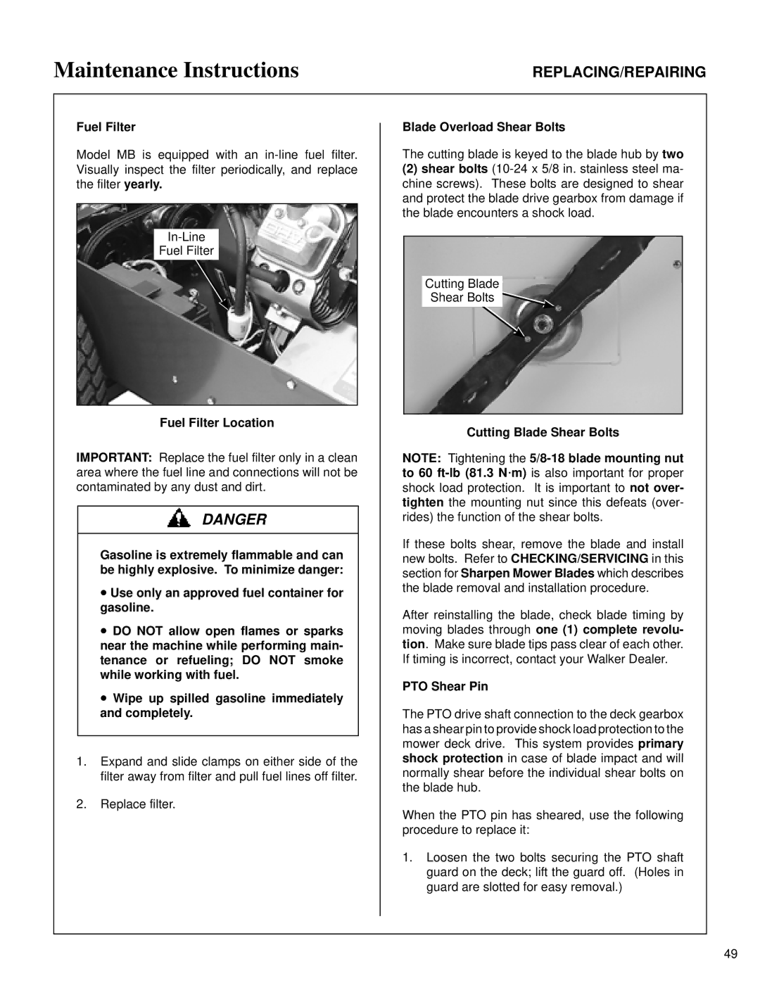 Briggs & Stratton MB (18 HP) owner manual Fuel Filter Location, Cutting Blade Shear Bolts, PTO Shear Pin 