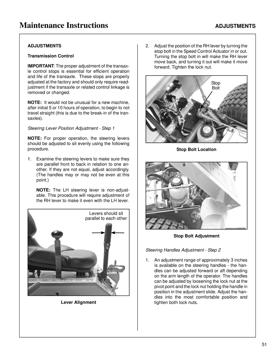 Briggs & Stratton MB (18 HP) owner manual Adjustments, Steering Lever Position Adjustment Step, Lever Alignment 