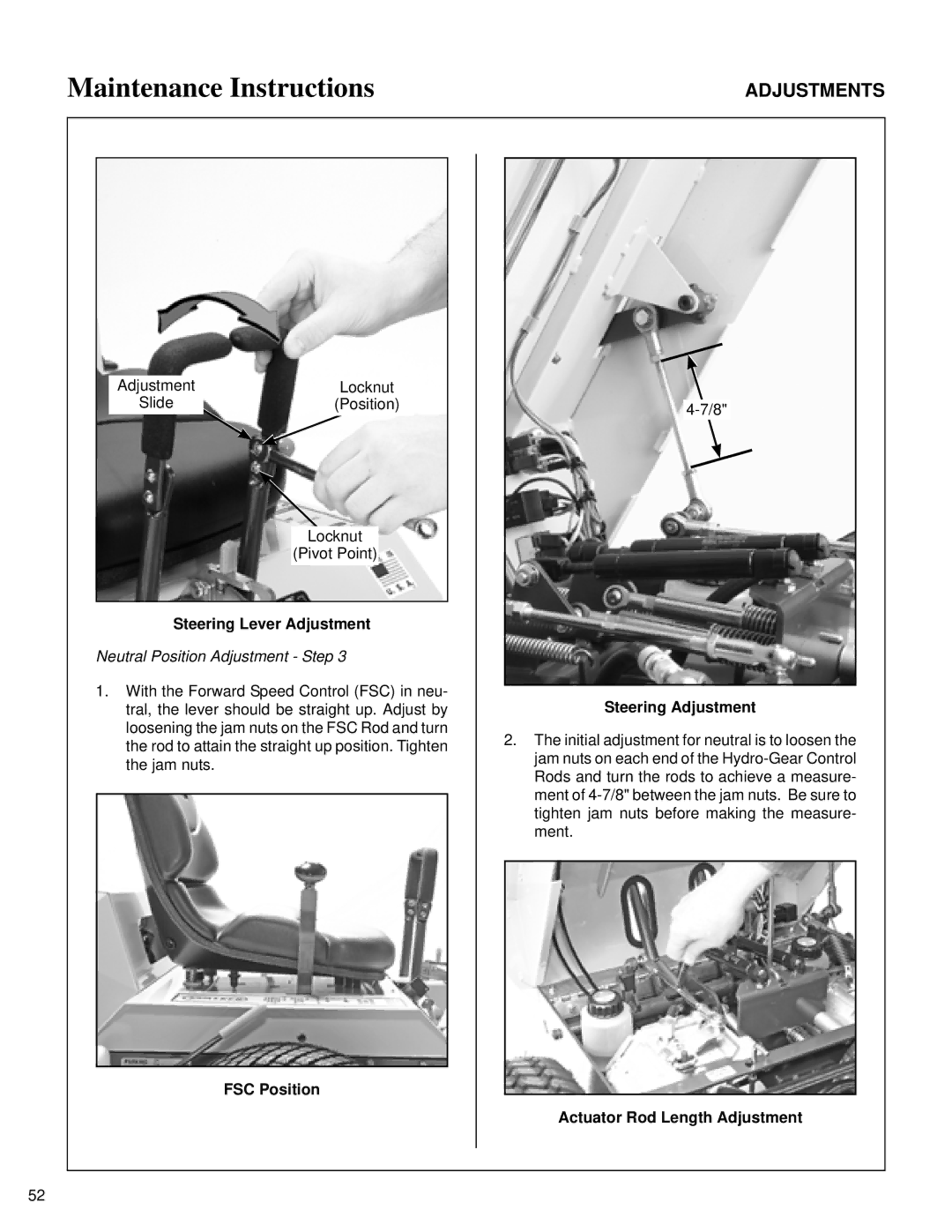 Briggs & Stratton MB (18 HP) Steering Lever Adjustment, Neutral Position Adjustment Step, FSC Position Steering Adjustment 