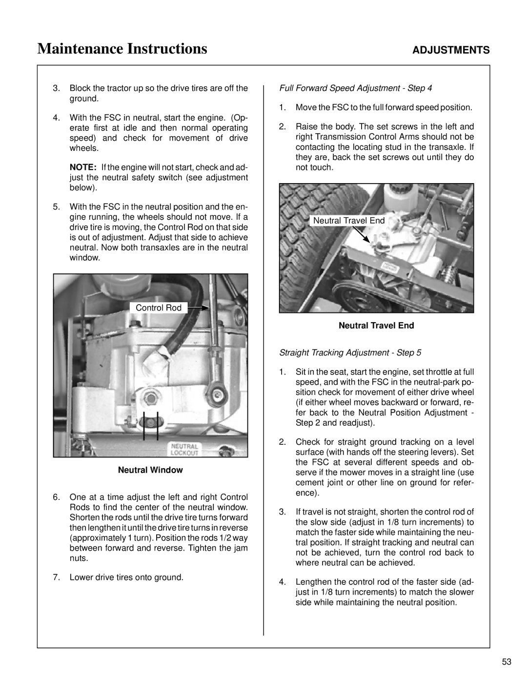 Briggs & Stratton MB (18 HP) owner manual Neutral Window, Full Forward Speed Adjustment Step, Neutral Travel End 