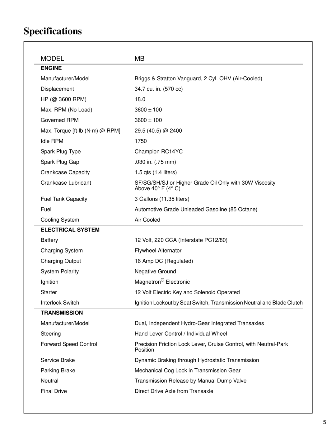 Briggs & Stratton MB (18 HP) owner manual Specifications, Engine, Electrical System, Transmission 