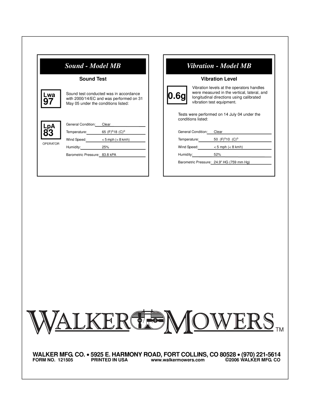 Briggs & Stratton MB (18 HP) owner manual Sound Model MB, Sound Test 