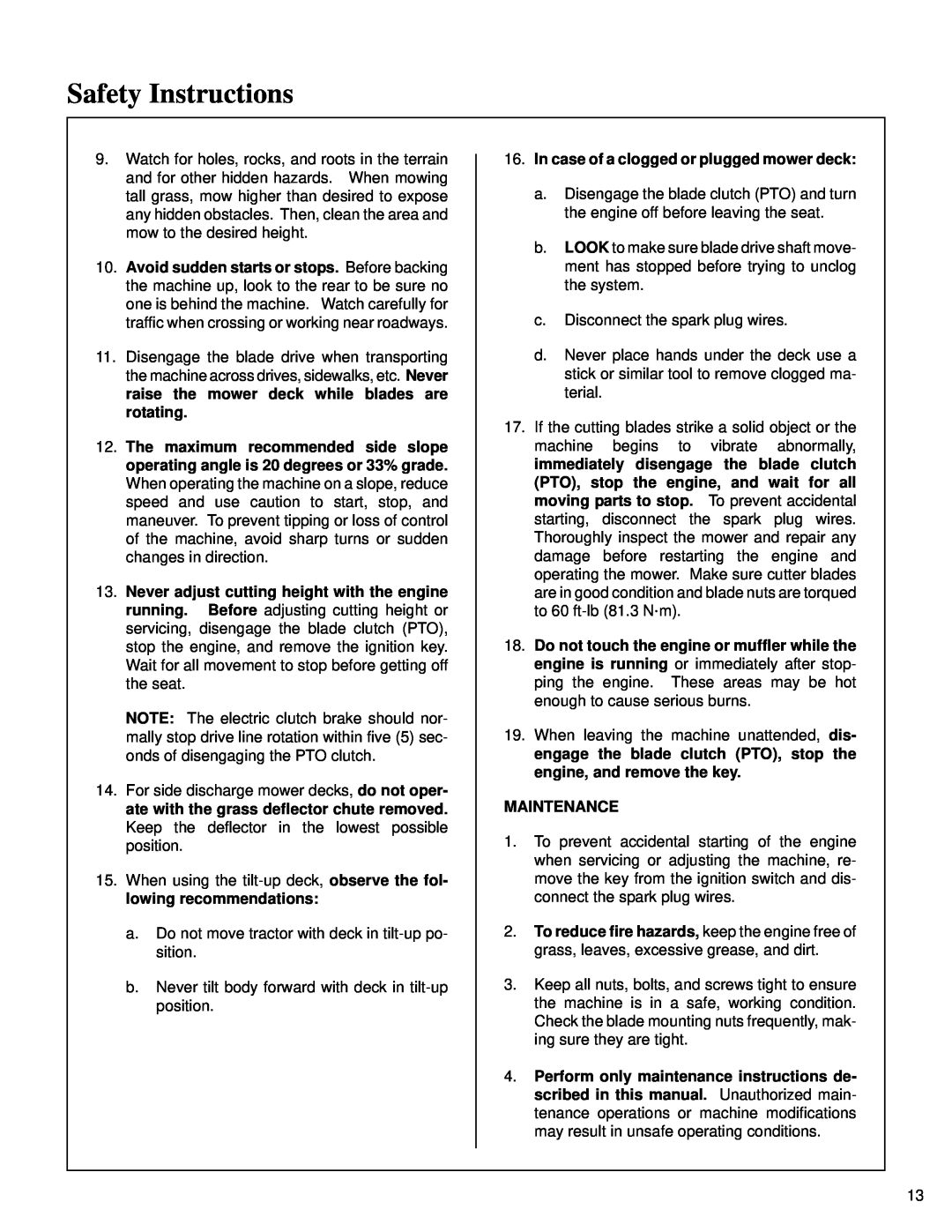 Briggs & Stratton MB (18 HP) owner manual Safety Instructions, In case of a clogged or plugged mower deck, Maintenance 
