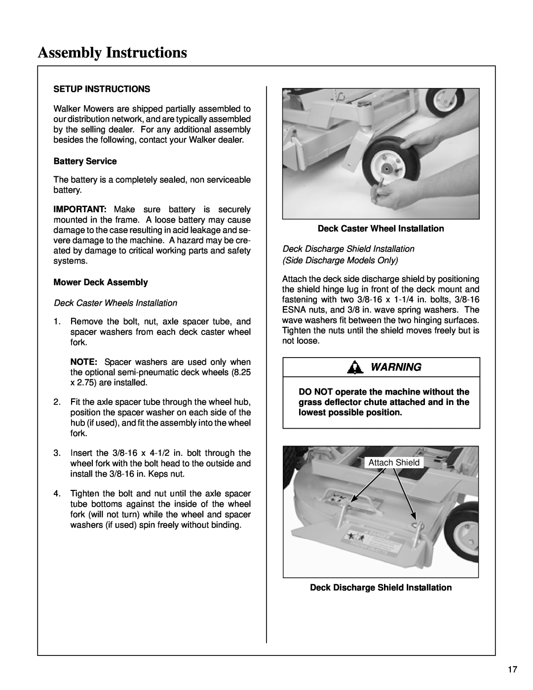 Briggs & Stratton MB (18 HP) owner manual Assembly Instructions, Setup Instructions, Battery Service, Mower Deck Assembly 