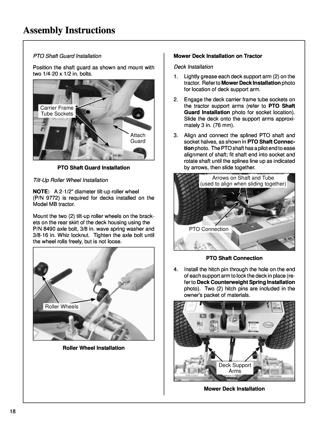 Briggs & Stratton MB (18 HP) owner manual Assembly Instructions, PTO Shaft Guard Installation, Roller Wheel Installation 