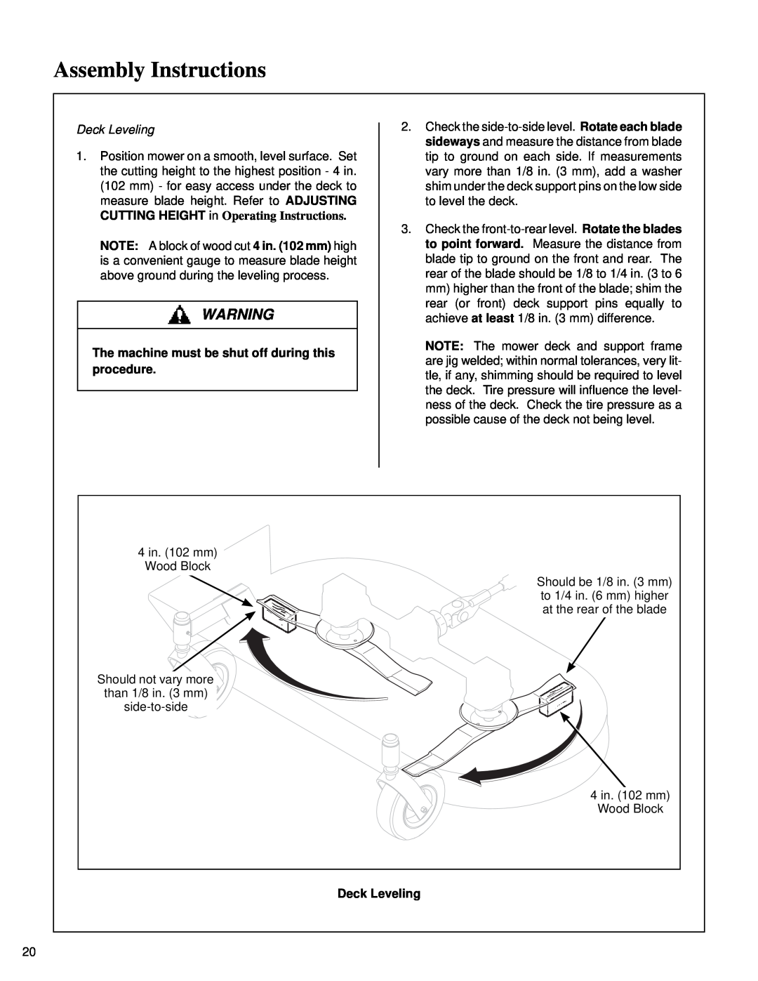 Briggs & Stratton MB (18 HP) Assembly Instructions, CUTTING HEIGHT in Operating Instructions, procedure, Deck Leveling 