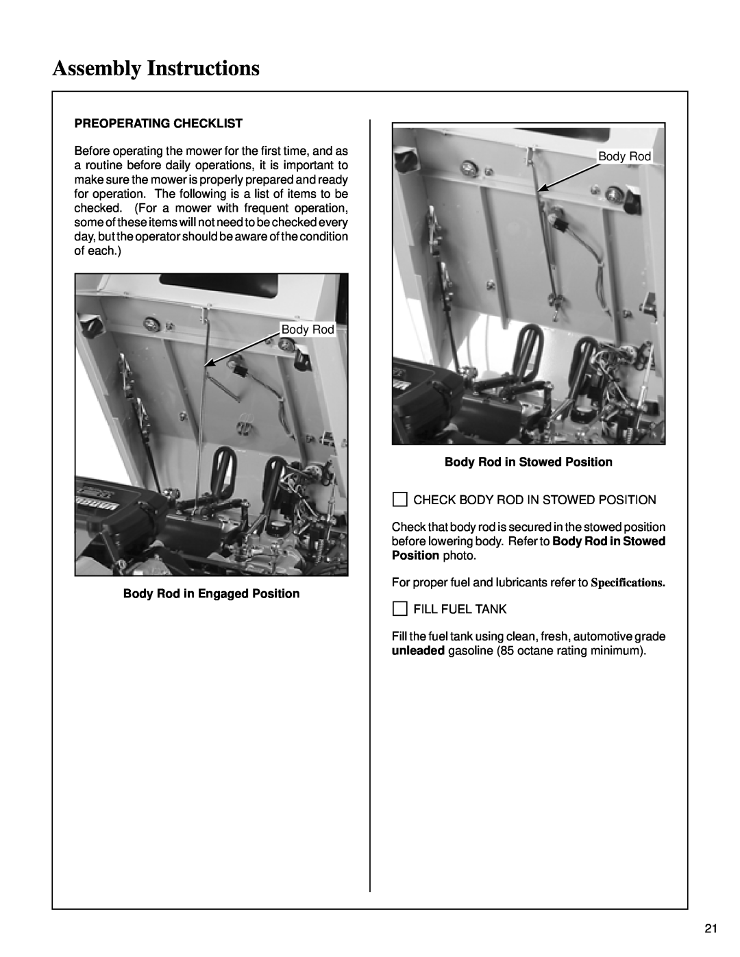 Briggs & Stratton MB (18 HP) owner manual Assembly Instructions, Preoperating Checklist, Body Rod in Engaged Position 