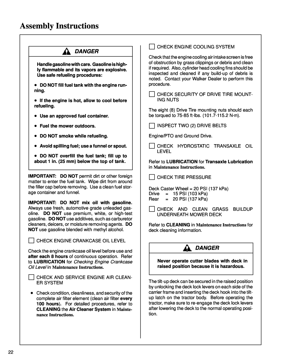 Briggs & Stratton MB (18 HP) owner manual Danger, Assembly Instructions, DO NOT fill fuel tank with the engine run- ning 