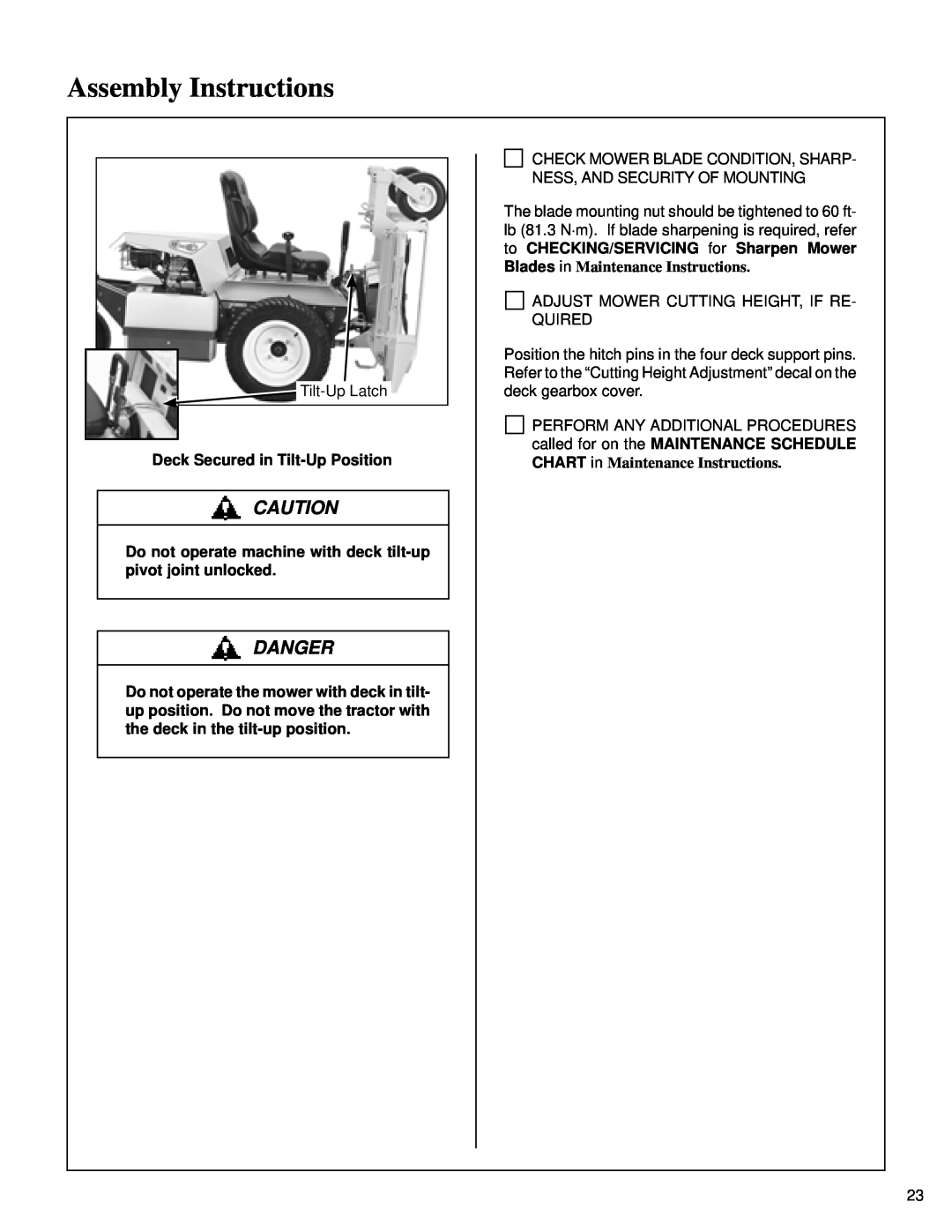 Briggs & Stratton MB (18 HP) owner manual Assembly Instructions, Danger, Deck Secured in Tilt-Up Position 