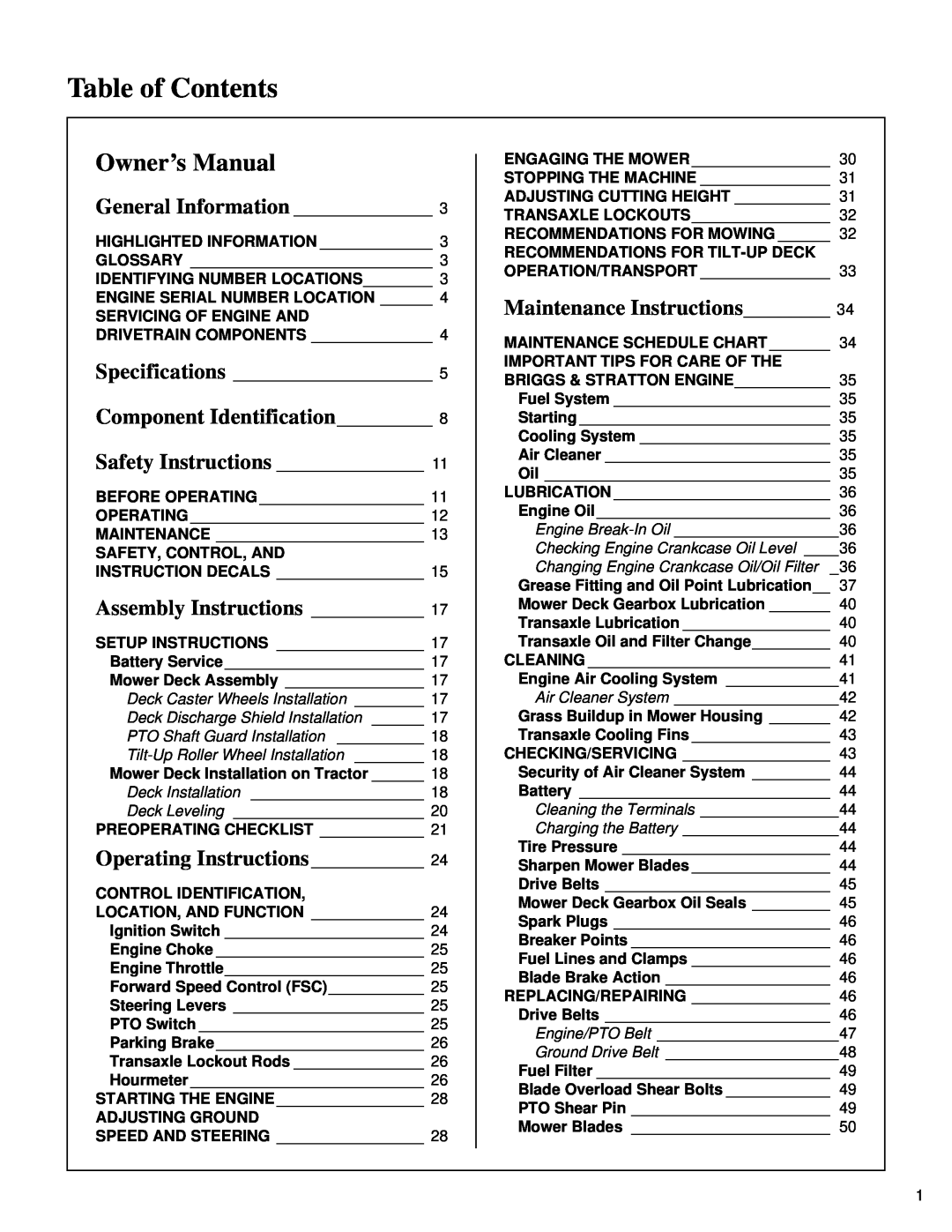 Briggs & Stratton MB (18 HP) owner manual Table of Contents, Owner’s Manual, General Information, Assembly Instructions 