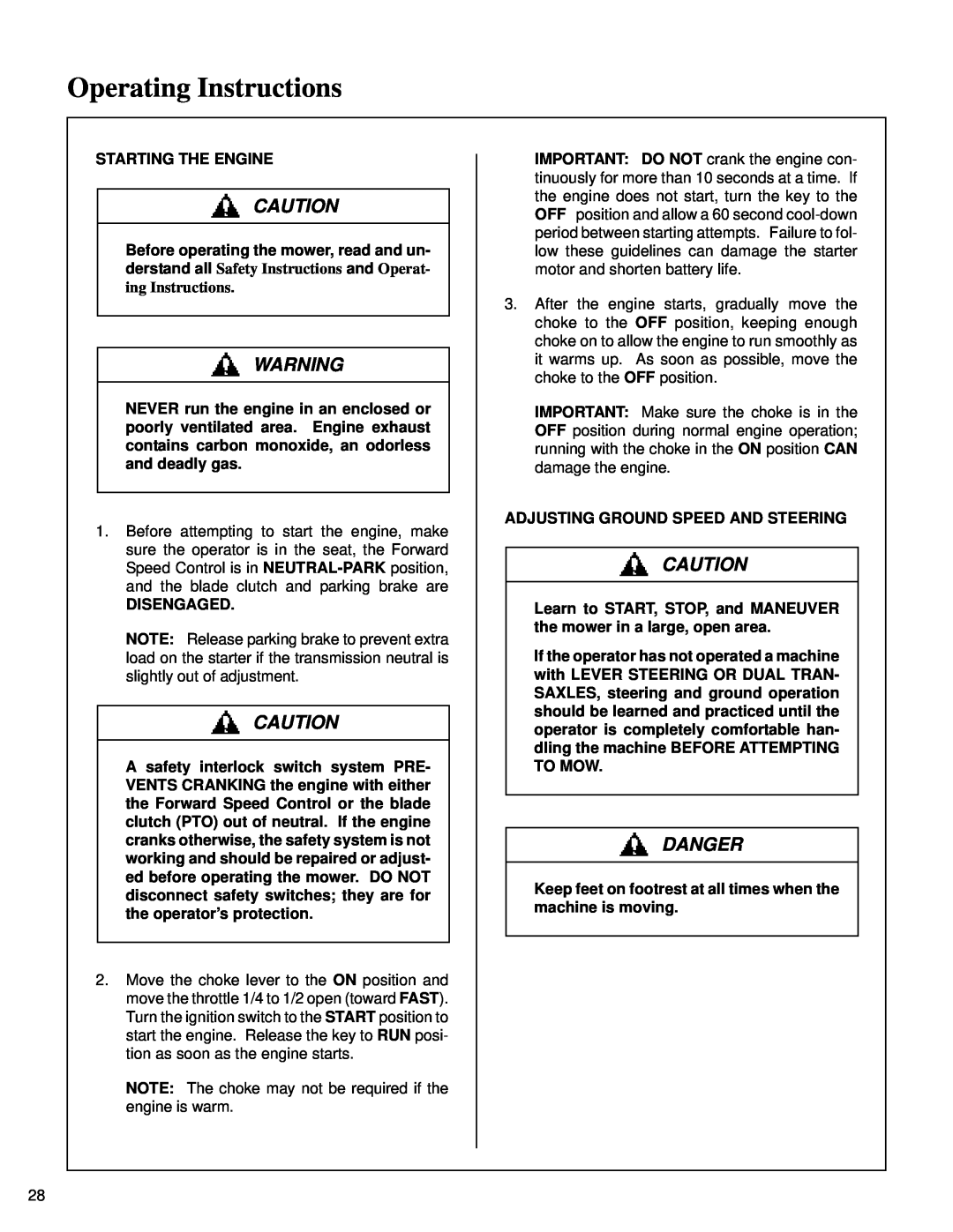 Briggs & Stratton MB (18 HP) owner manual Operating Instructions, Danger, Starting The Engine, Disengaged 