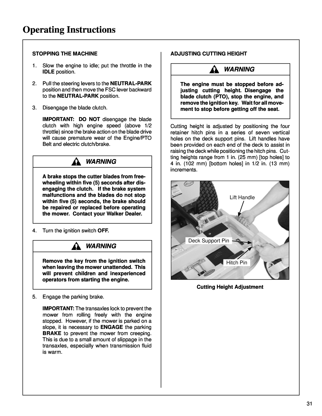 Briggs & Stratton MB (18 HP) owner manual Operating Instructions, Stopping The Machine, Adjusting Cutting Height 