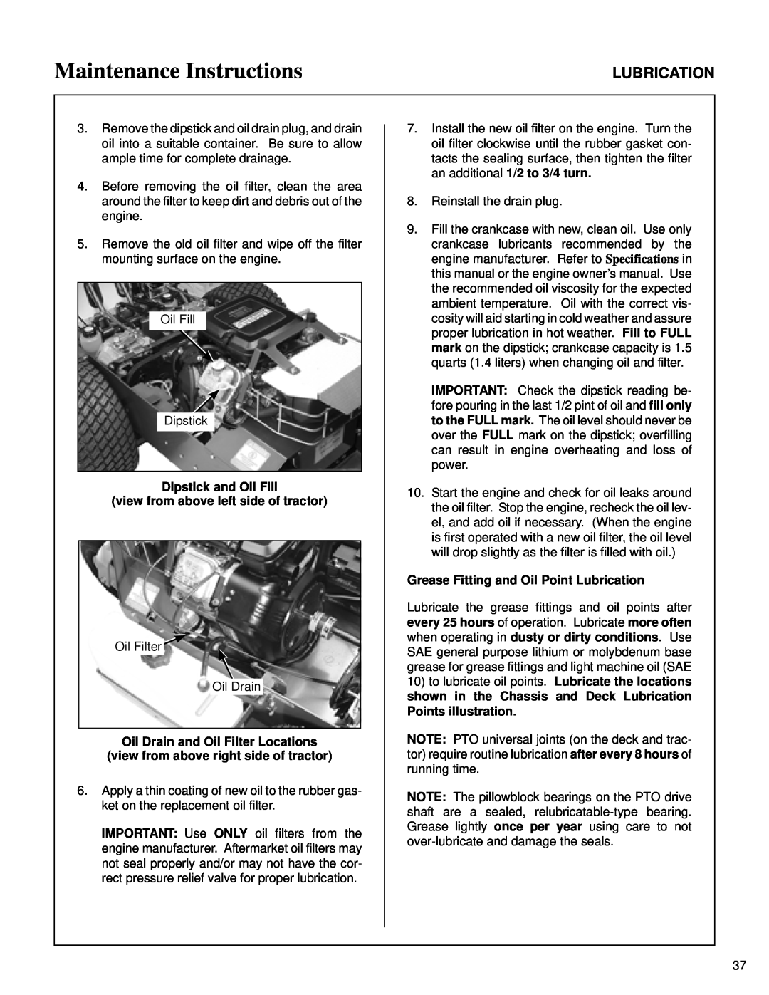 Briggs & Stratton MB (18 HP) owner manual Maintenance Instructions, Lubrication, Oil Drain and Oil Filter Locations 