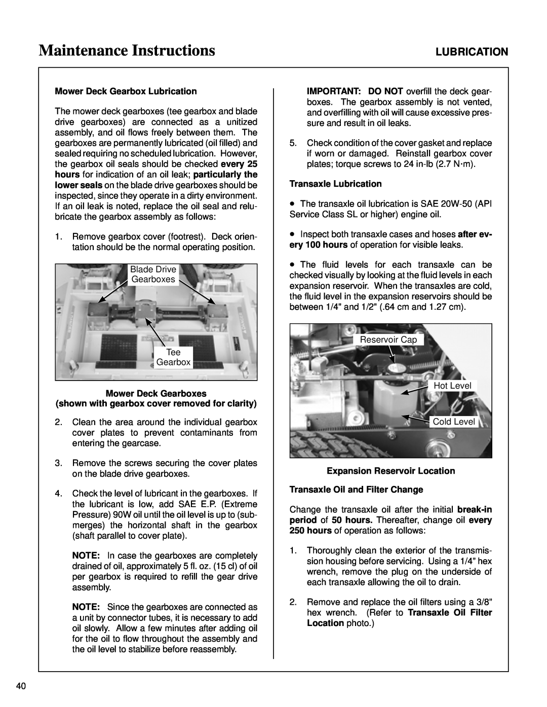 Briggs & Stratton MB (18 HP) Maintenance Instructions, Mower Deck Gearbox Lubrication, Transaxle Lubrication 