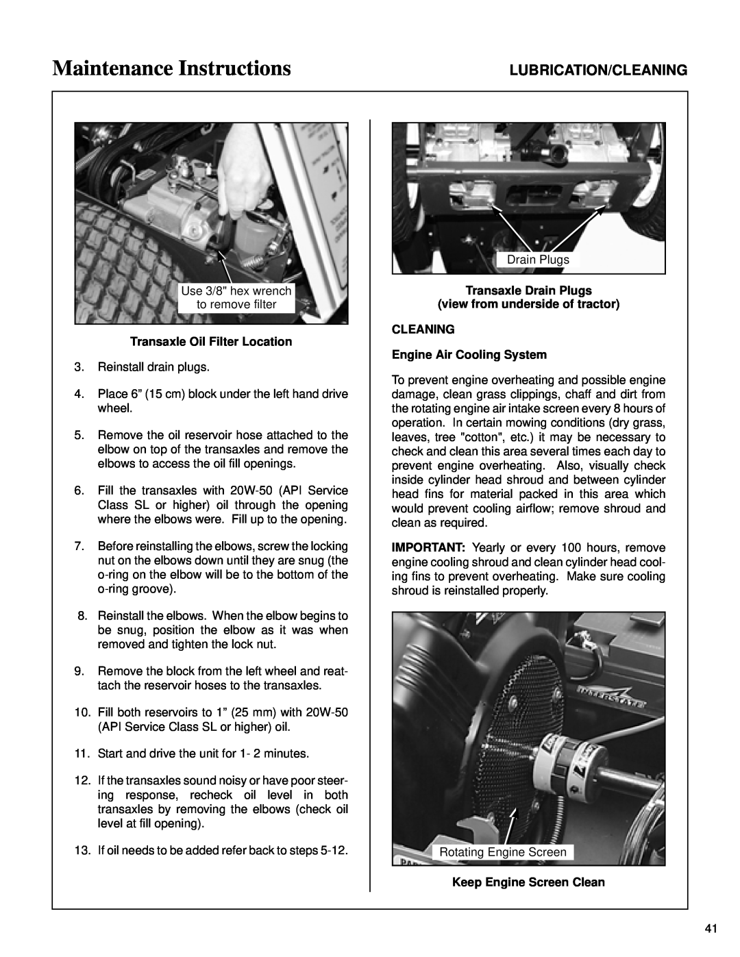 Briggs & Stratton MB (18 HP) owner manual Lubrication/Cleaning, Maintenance Instructions, Transaxle Oil Filter Location 