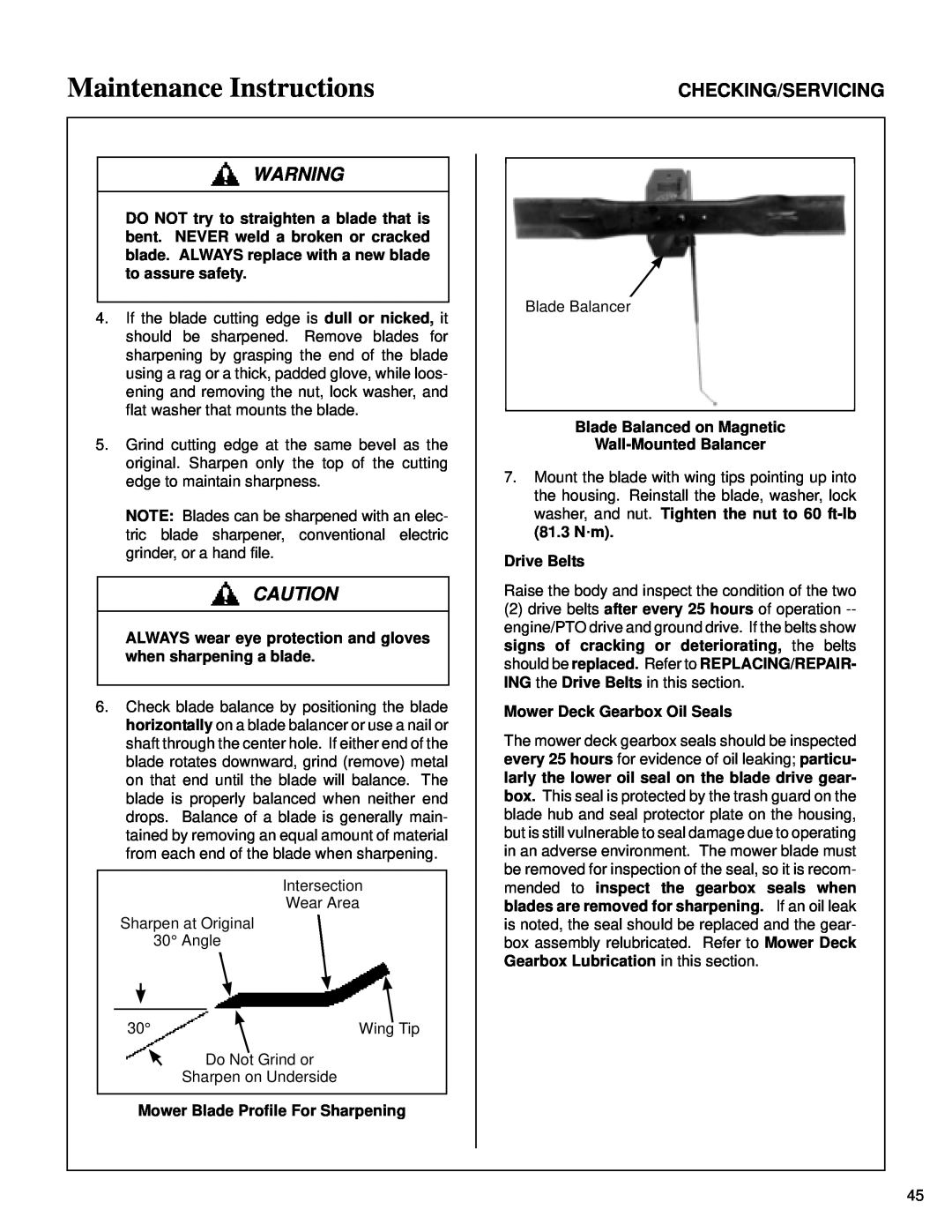 Briggs & Stratton MB (18 HP) Maintenance Instructions, Checking/Servicing, Mower Blade Profile For Sharpening, Drive Belts 
