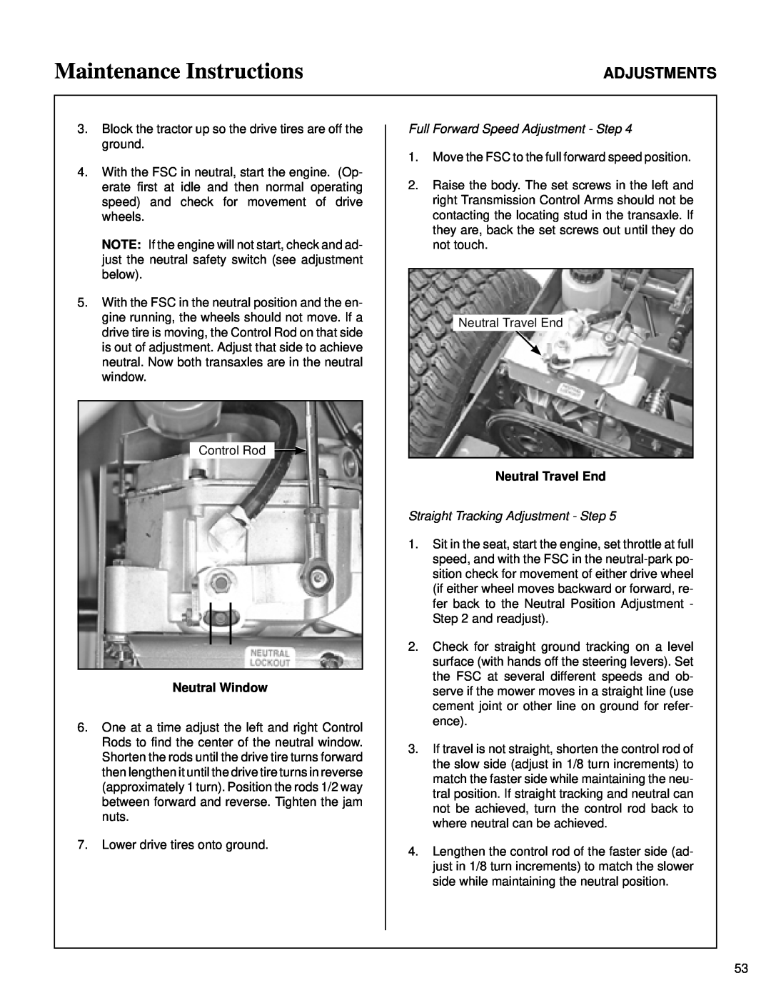 Briggs & Stratton MB (18 HP) owner manual Maintenance Instructions, Adjustments, Neutral Window, Neutral Travel End 
