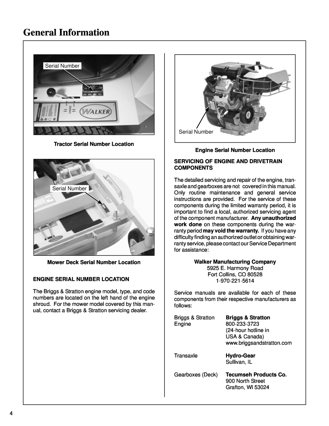 Briggs & Stratton MB (18 HP) General Information, Tractor Serial Number Location, Engine Serial Number Location 