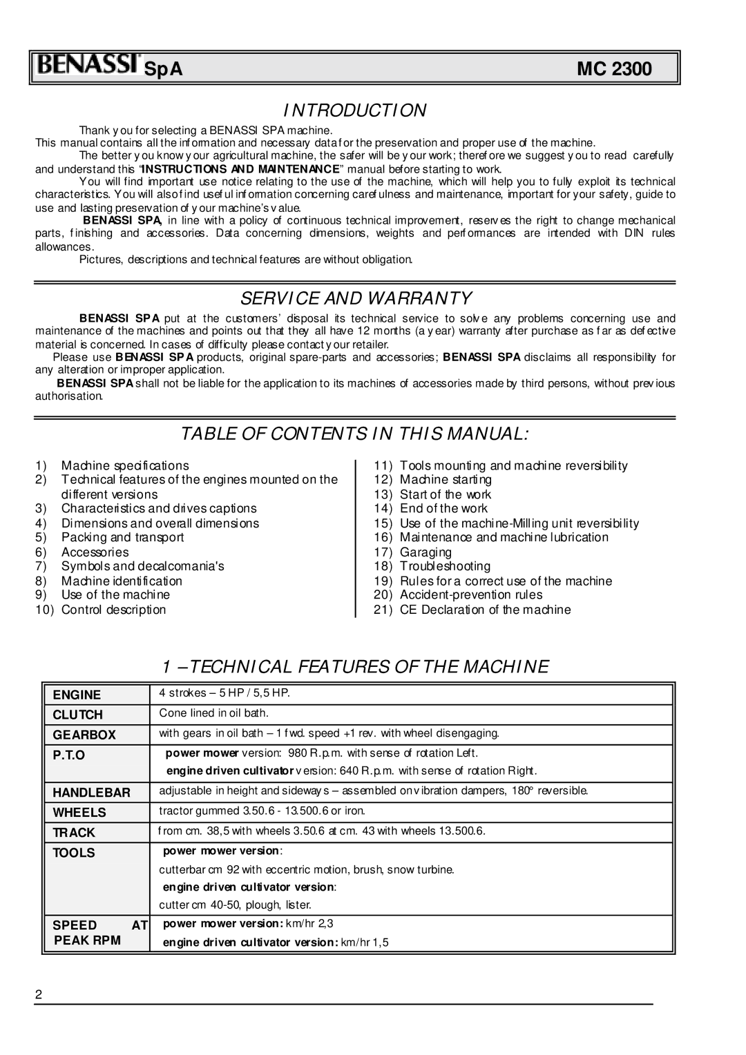 Briggs & Stratton MC 2300 manual Introduction, Service and Warranty, Table of Contents in this Manual 