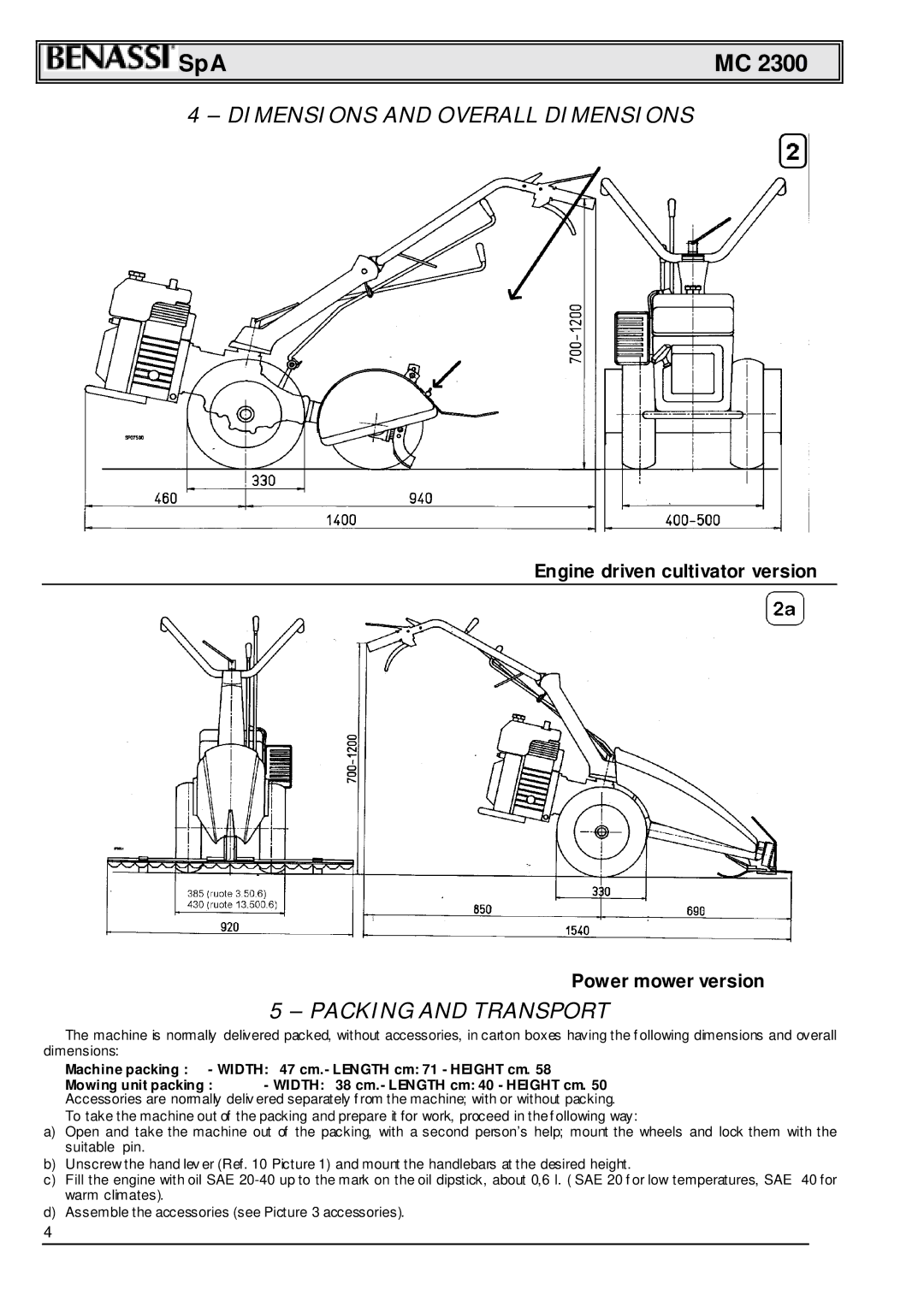 Briggs & Stratton MC 2300 manual Dimensions and Overall Dimensions, Packing and Transport 