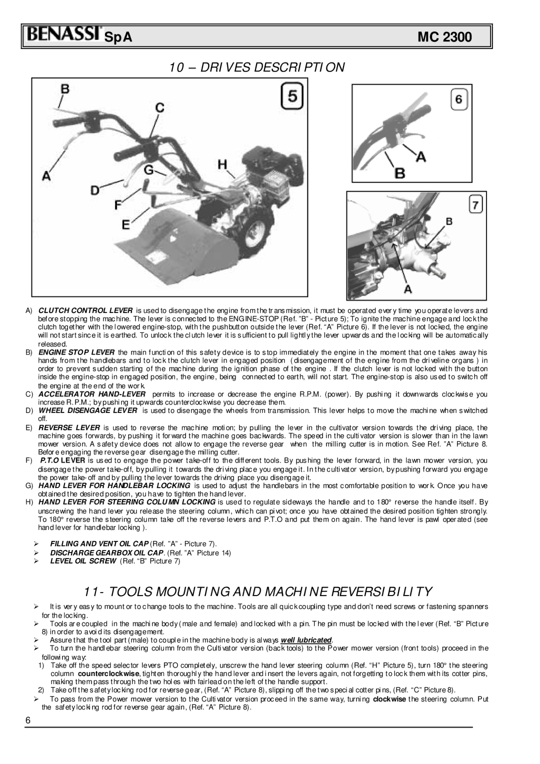 Briggs & Stratton MC 2300 manual Drives Description, Tools Mounting and Machine Reversibility 