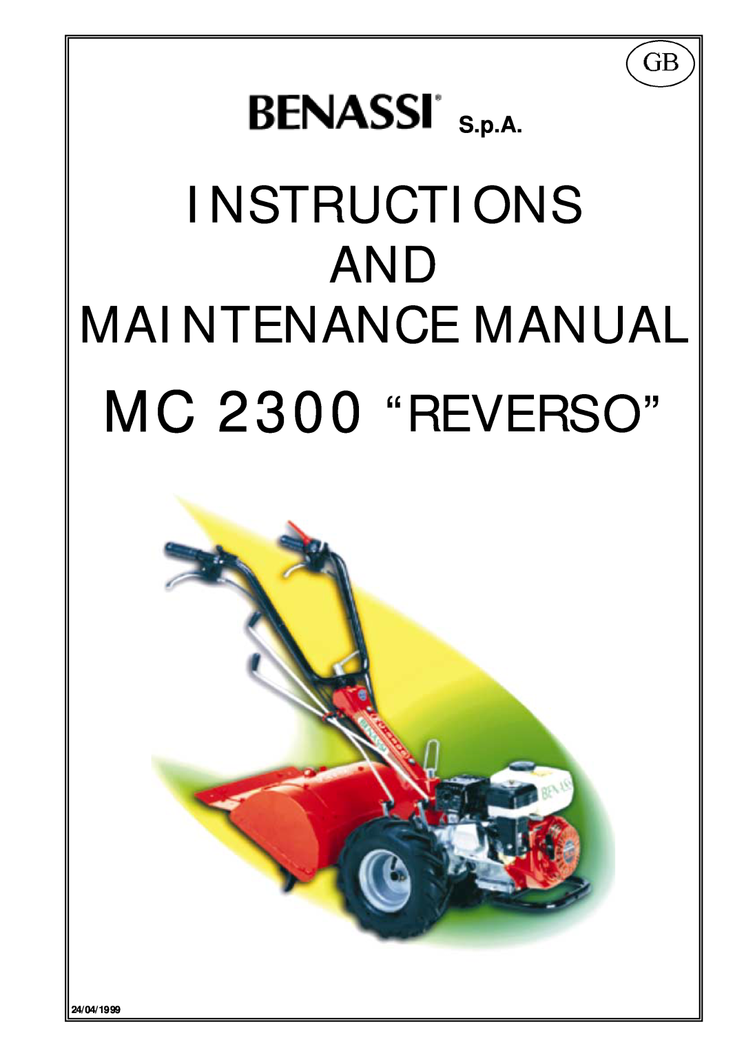 Briggs & Stratton manual Instructions And Maintenance Manual, MC 2300 “REVERSO”, S.p.A, 24/04/1999 