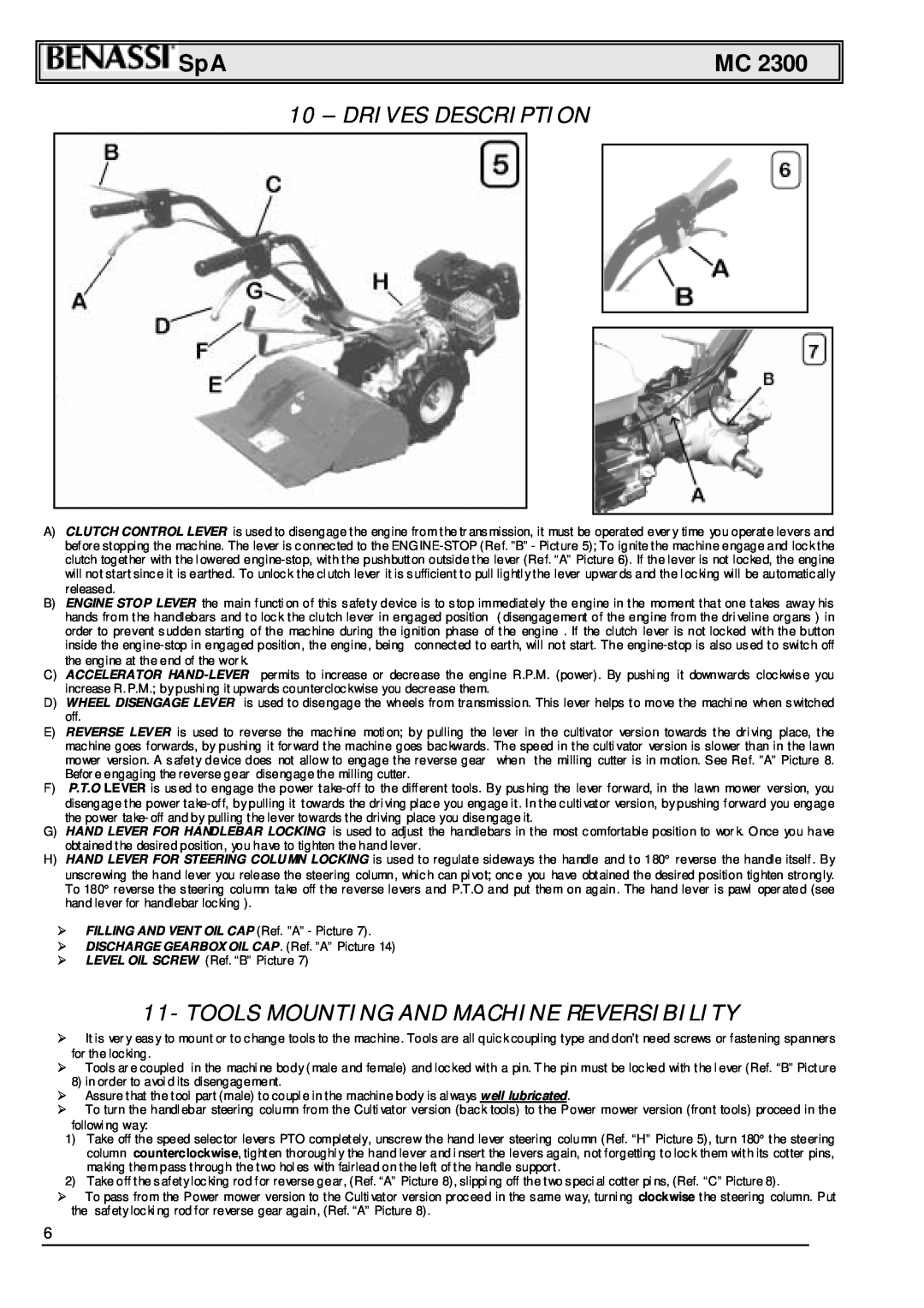Briggs & Stratton MC 2300 manual Drives Description, Tools Mounting And Machine Reversibility 