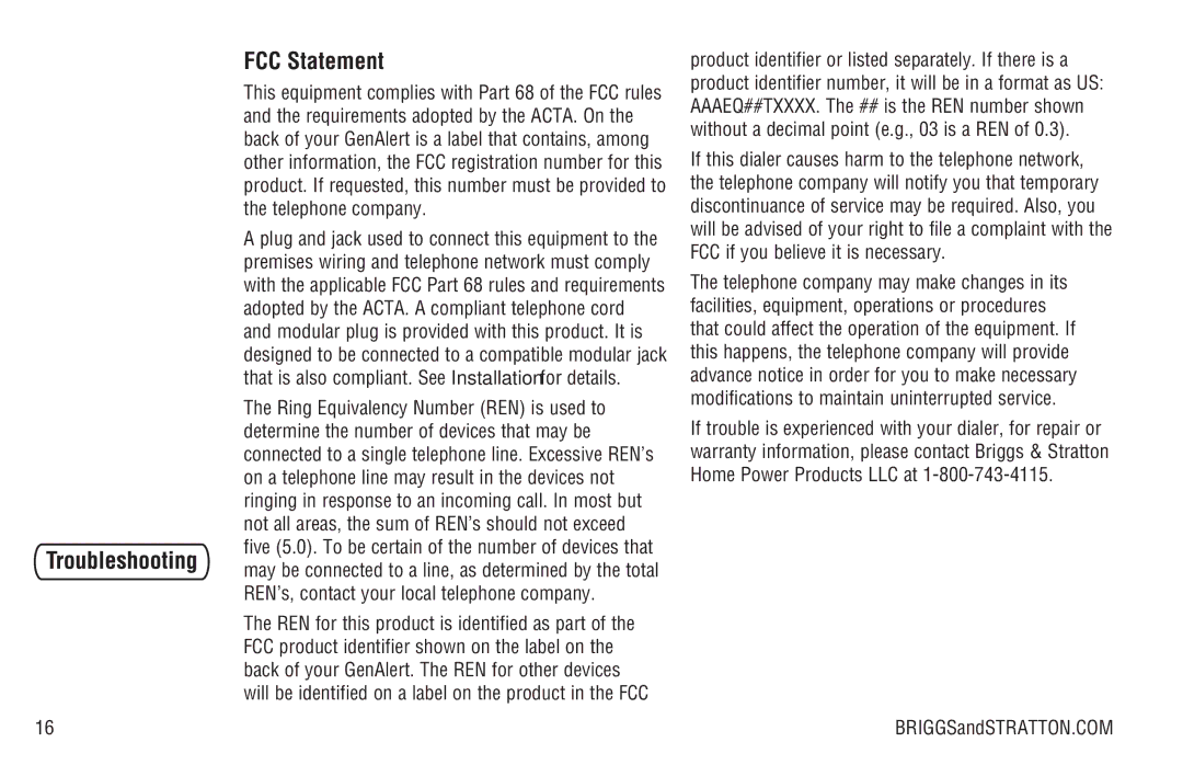 Briggs & Stratton Model 040205-0 manual FCC Statement, Telephone company 